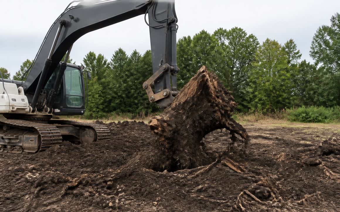 Excavator pulling a tree stump during stump removal and grubbing on a Western New York land clearing job